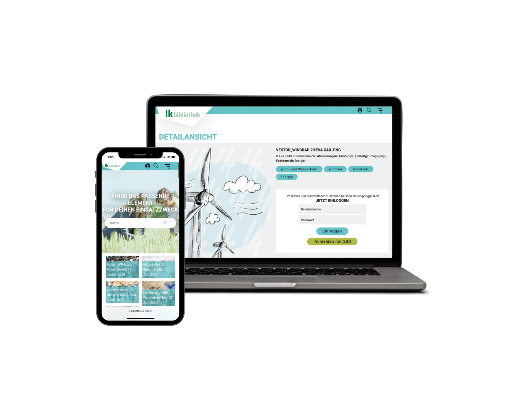 Screen Mock Up LWK NOE Bibliothek am Smartphone und am Laptop