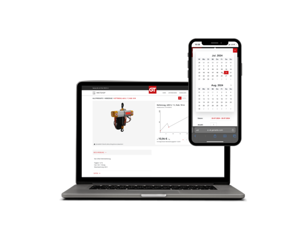 Screen MockUp Laptop und Smartphone Produktauswahl und Mietzeitraum