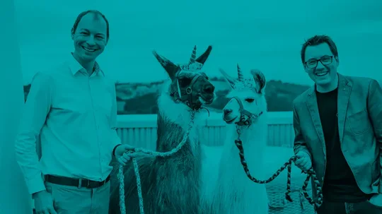 SIWA Geschäftsführer mit Lamas auf der Dachterrasse im Büro in Hagenberg
