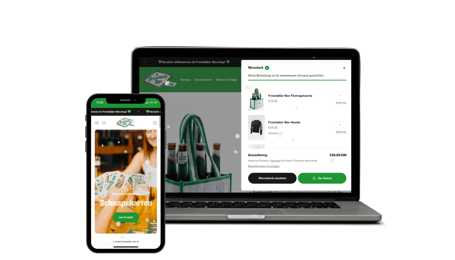 iPhone und MacBook Screen MockUp vom neuen Freistädter Bier Fan Shop
