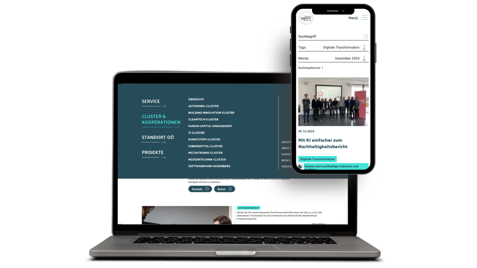 Screen MockUp Laptop und Smartphone der neuen Business Upper Austria Website