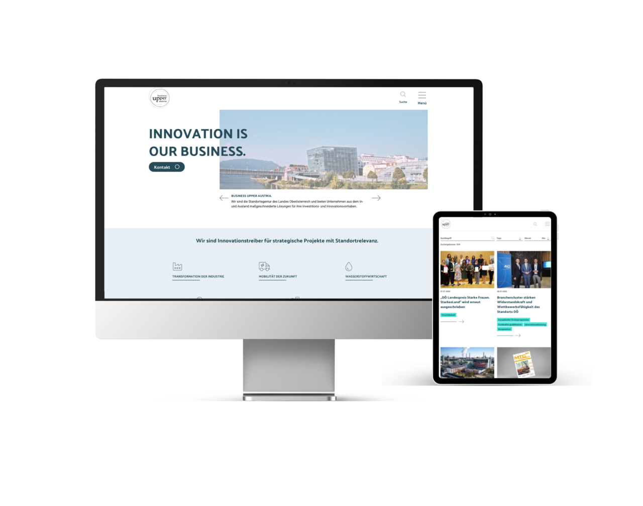 Screen MockUp der Business Upper Austria Website am iMac und iPad
